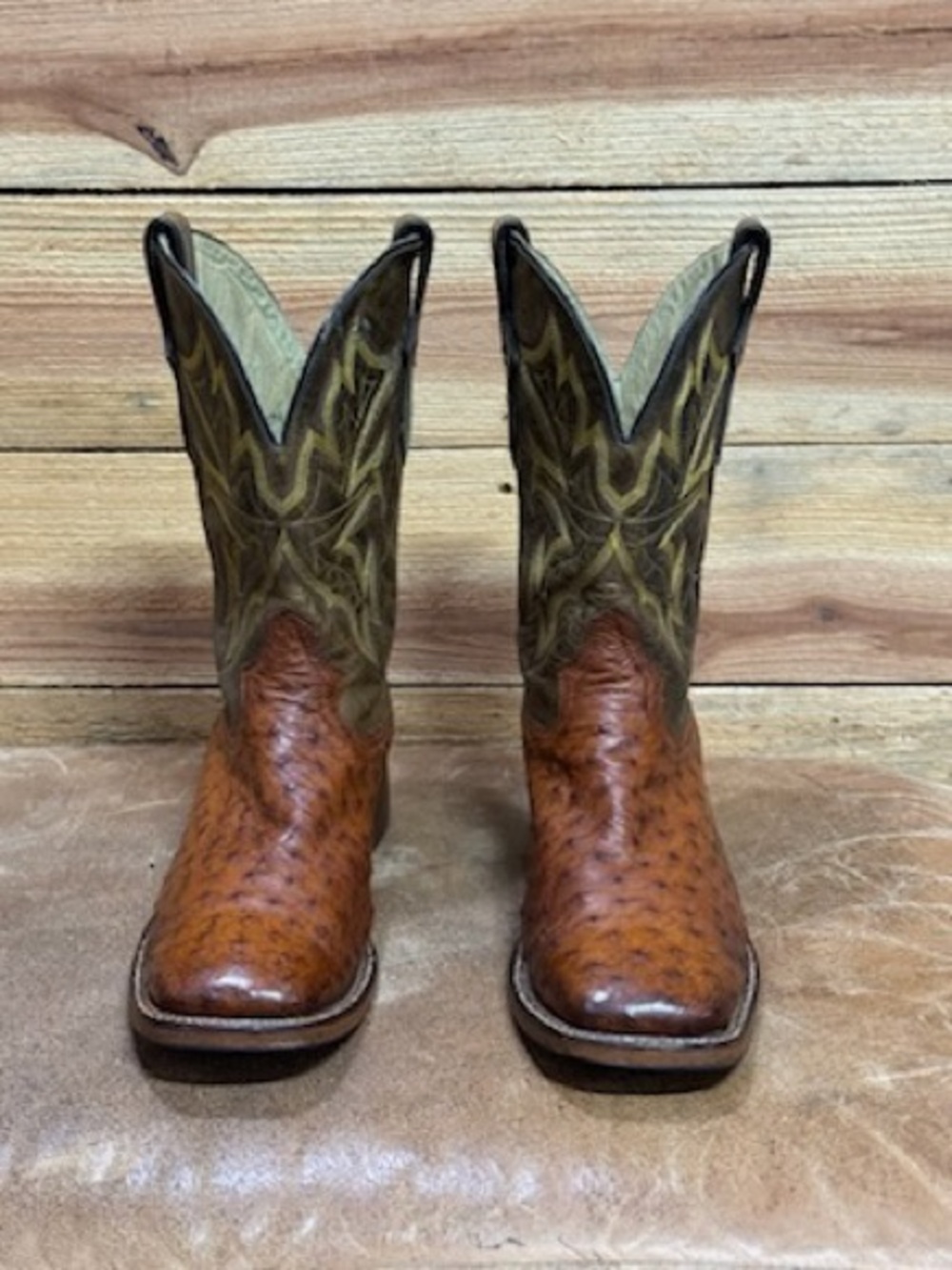 Stetson Full Quill Ostrich Brown & Olive Green Western Cowboy Boots, Men’s 11EE